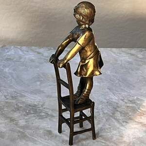 Vintage Bronze Sculpture of Child Standing On Stool 11.5"